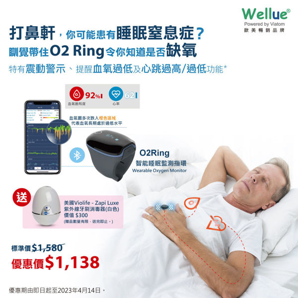 圖片 Wellue - O2Ring™ 智能睡眠監測指環  [送美國 Violife - Zupi Luxe 紫外線牙刷消毒噐 (白色)]